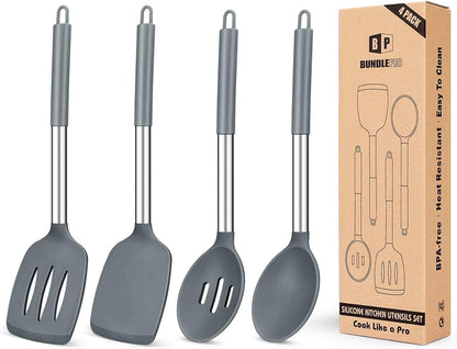 Pack of 4 Silicone Cooking Utensils Set, Non Stick Large Solid Spatulas, Heat Resistant Black Slotted Spoons, Ideal BPA Free Kitchen Turners for Frying, Mixing,Serving,Draining,Turning,Stirring