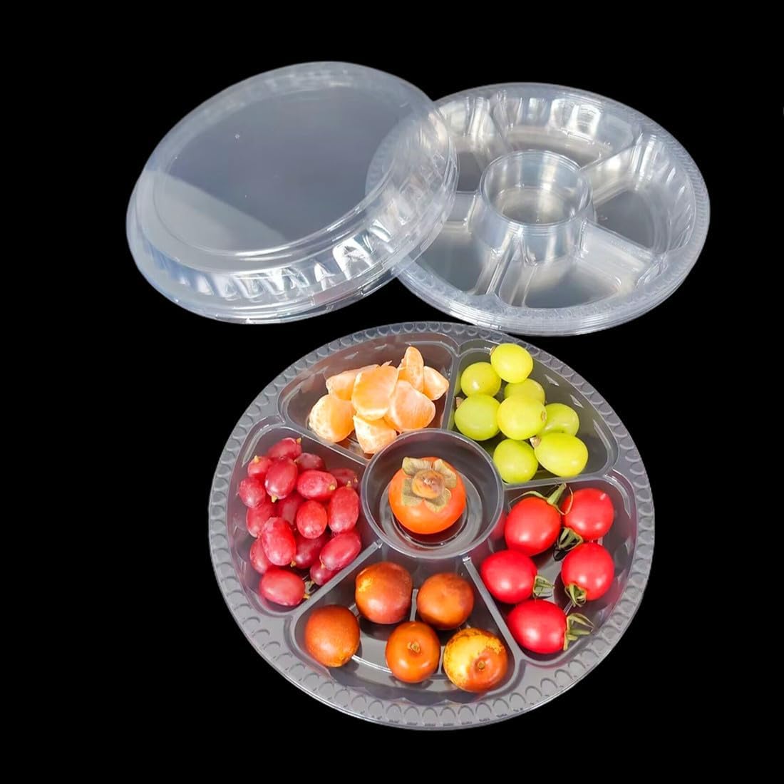 Clear Plastic Appetizer Trays with Lids, Travel Round Disposable Compartment Serving Platters,6 Sectional Catering Trays for Vegetable Salad Food for Fruit Veggie Snack Food Containers (12 Pack)