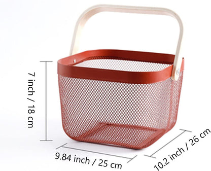 AJIODA Metal Mesh Steel Basket, Storage Organizer Basket Multi-functional Hanging Kitchen Baskets Fruit Basket Bin with Bamboo Handle for Kitchen Bathroom Picnic Shopping Decor Cabinet Home, Blue