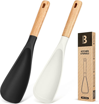 Cooking Spoon for Nonstick Cookwares, Great for Cooking and Serving Sturdy BPA-Free Matte Silicone, Wood Handle Spoon for Mixing, Scoop, and Scrape (Black & Grey, 11.4 inch)