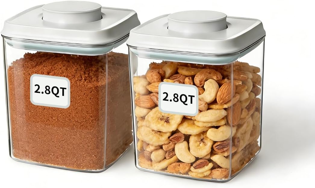 Airtight Food Storage with One-Touch Lid, (3 × 1.27 QT / 1.2 L) Stackable Durable PET for Sugar, Grains, Coffee Beans, and Baking Pantry Organization