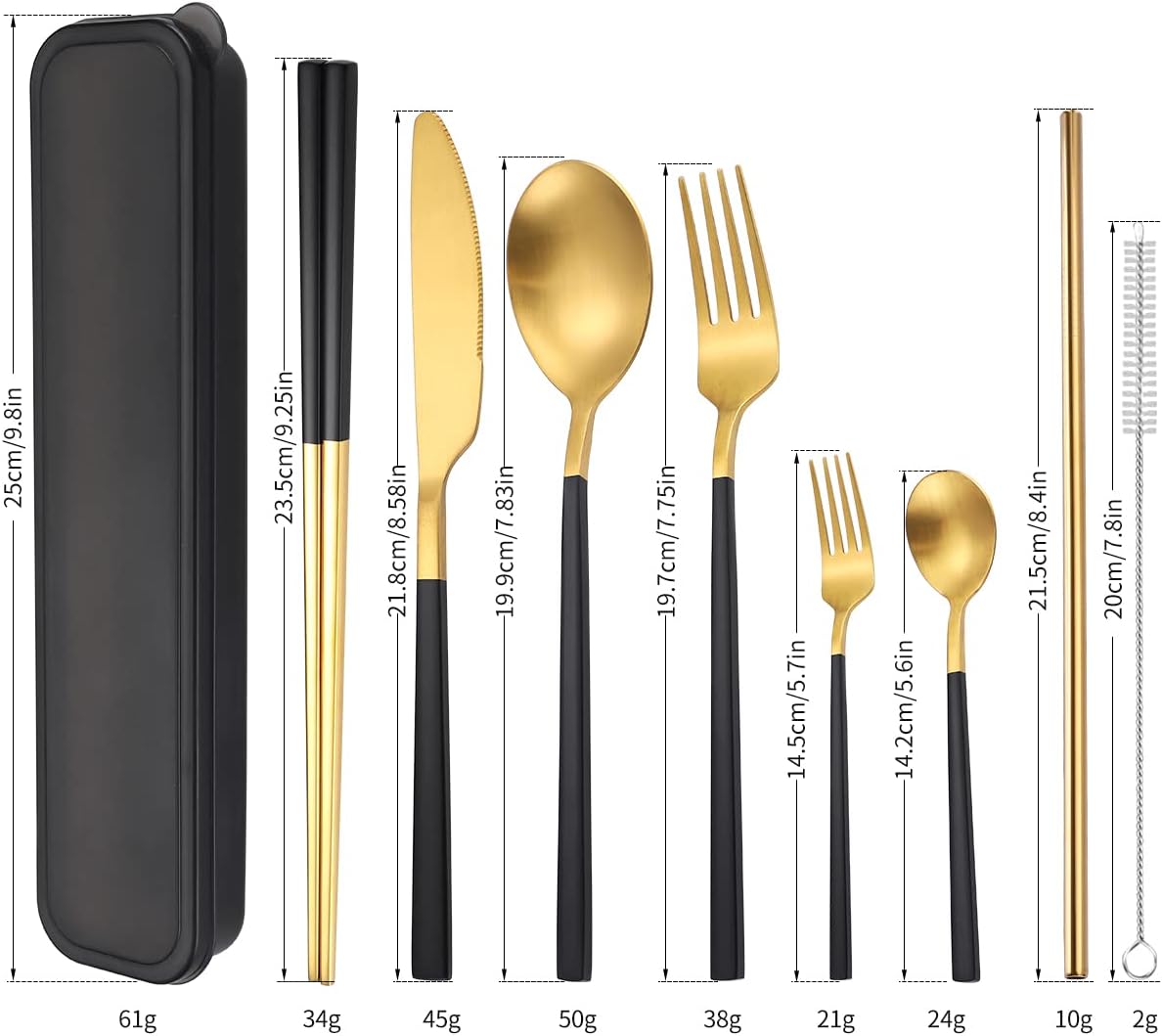 AARAINBOW 6 Pieces 18/8 Stainless Steel Flatware Set Portable Reusable Cutlery Set Travel Utensils Set Including Chopsticks Knife Fork Spoon Straws Cleaning Brush Dishwasher Safe (Green golden)
