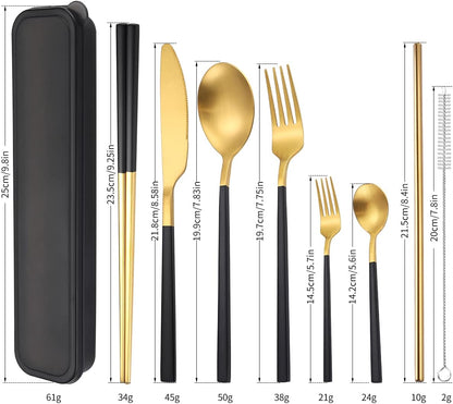 AARAINBOW 6 Pieces 18/8 Stainless Steel Flatware Set Portable Reusable Cutlery Set Travel Utensils Set Including Chopsticks Knife Fork Spoon Straws Cleaning Brush Dishwasher Safe (Green golden)