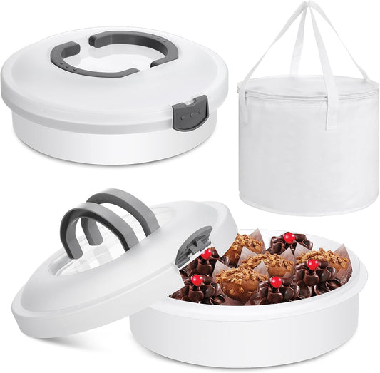 Vesici Set of 3 12'' Round Pie Holder Insulated Thermal Casserole Carriers for Hot or Cold Food 2 Pcs Plastic Cake Container with Lid Handle Portable Cake Carriers for Transport Cupcake Pie Pastry