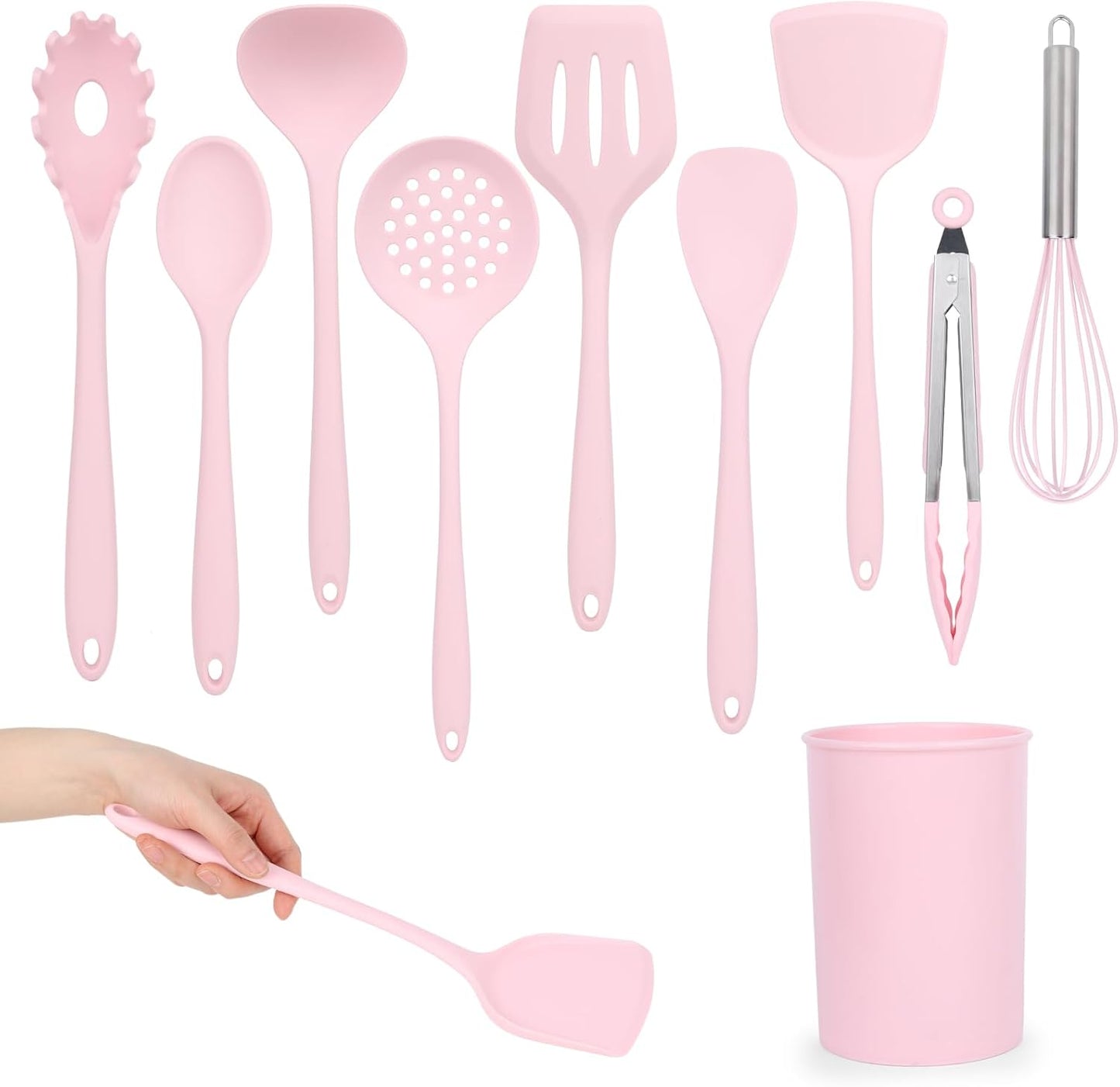 LOVEINUSA 10-Piece Silicone Kitchen Utensils Set with Holder - Pink Non-Stick Cooking Tools, 446°F Heat Resistant Spatula Set, Dishwasher Safe