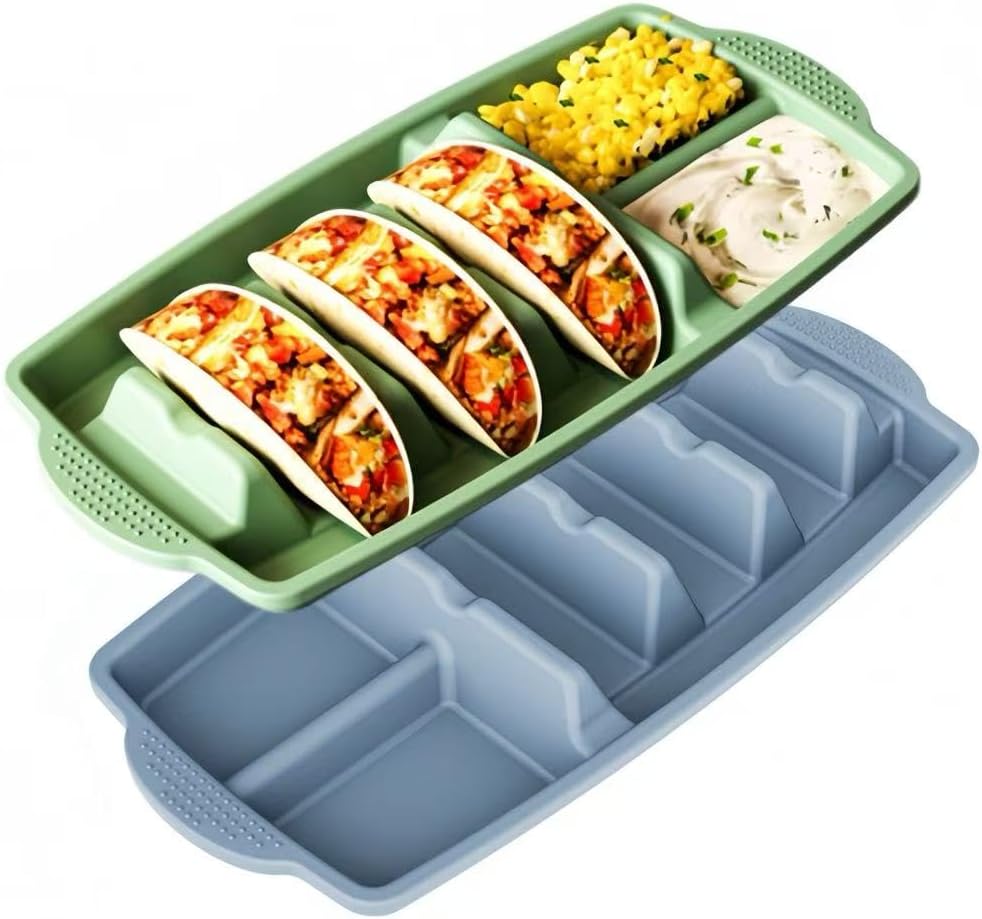 Reusable Silicone Taco Holder Set of 2, Taco Plates with Dividers & Dip Bowls, Taco Shell Holds 3 Taco Shells Stand, Microwave & Dishwasher Safe, Non-Slip Base, Taco Bar Serving for Party