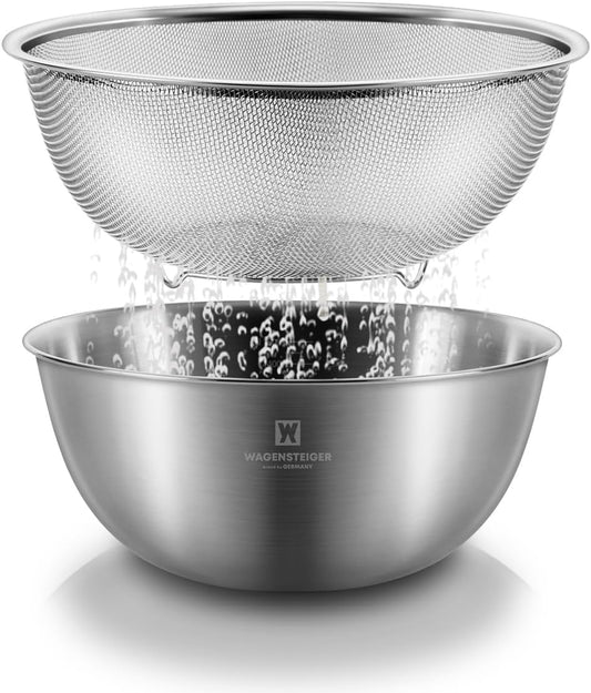 WAGENSTEIGER Stainless Steel Mixing Bowl and 3-Legged Colander Set, Multipurpose Kitchen Basket with Fine Mesh Colander, Salad Mixing Bowl with Strainer, Rinsing Vegetables & Fruits (24cm / 9.45")