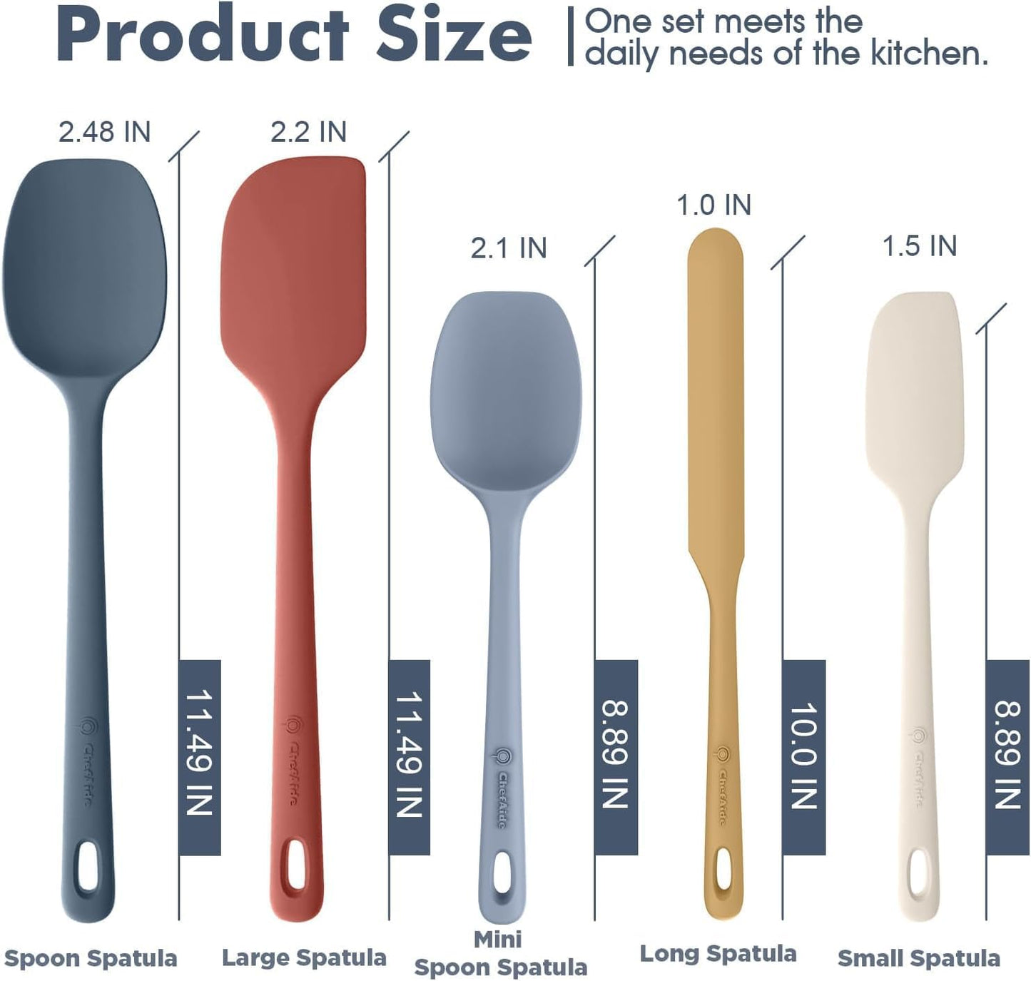 ChefAide 5 Pieces Silicone Spatula Set, Food Grade Rubber Spatula, Upgrade Strong Handle with Ergonomic Grip, Heat Resistant Up to 600°F for Nonstick Cookware, Cooking