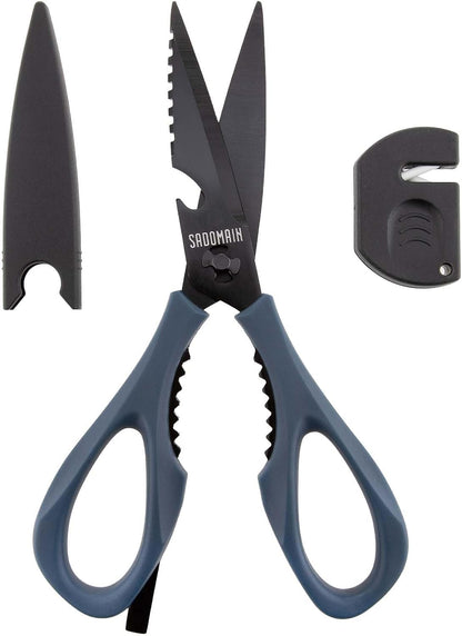 Kitchen Scissors All Purpose, Extra Sharp Kitchen Shears with Knife Sharpener & Sheath, Solid & Durable Stainless Steel Scissors with ANTI-RUST Black Titanium Plated, Dishwasher Safe - Black