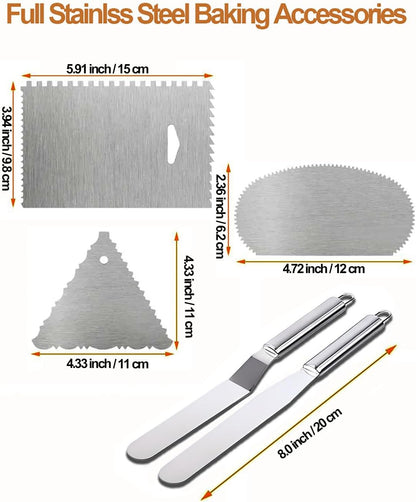 Yizish Cake Turntable Aluminum Alloy & Piping Bags and Tips Set, Rotating Cake Stand Decorating Kits with Stainless Steel Cake Spatulas and Scrapers for Baking, Pastries and Cupcakes, Gift Set