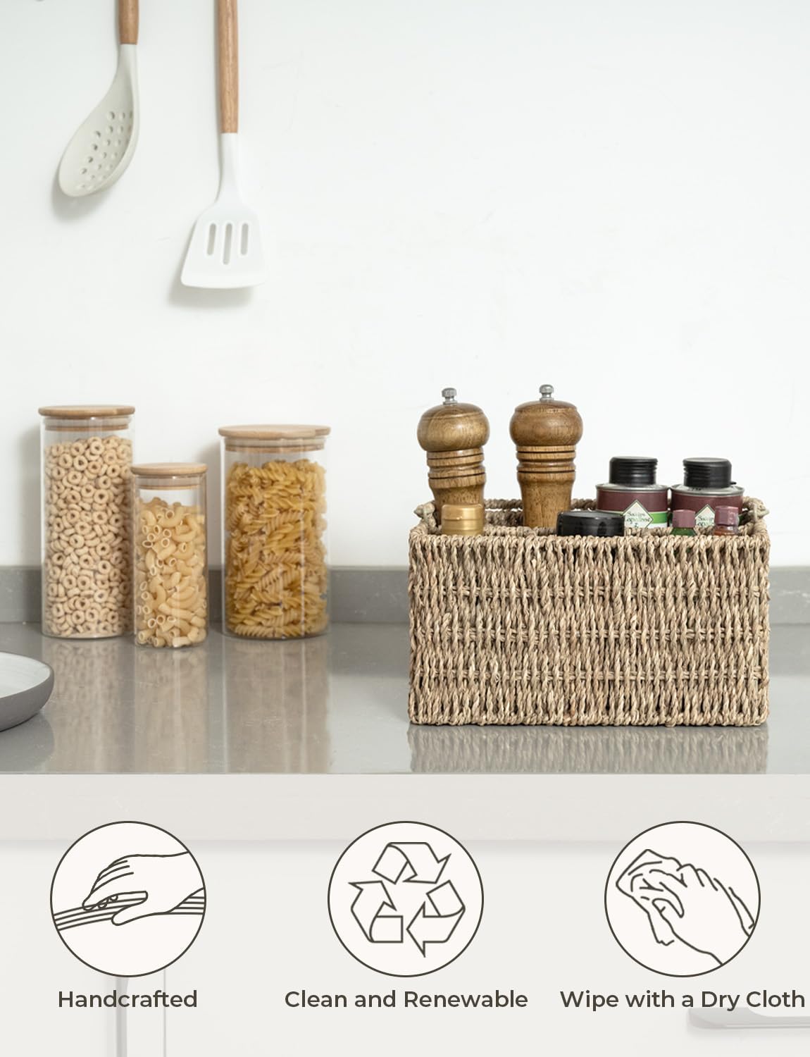 StorageWorks Wicker Silverware Organizer with Handle, Seagrass Kitchen Utensil Holder, Large Utensil Holder for Kitchen Counter, Spoon Forks Knife Cutlery Caddy, Paper Plate Dispenser for Countertop