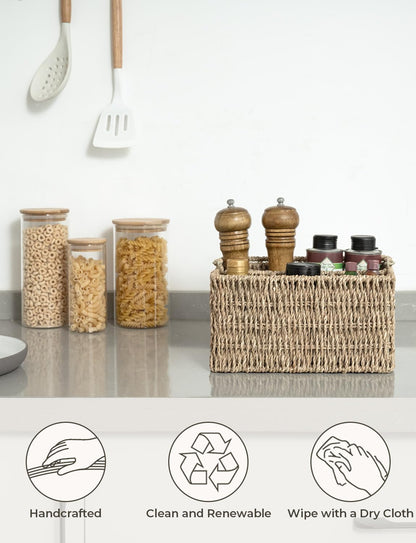 StorageWorks Wicker Silverware Organizer with Handle, Seagrass Kitchen Utensil Holder, Large Utensil Holder for Kitchen Counter, Spoon Forks Knife Cutlery Caddy, Paper Plate Dispenser for Countertop