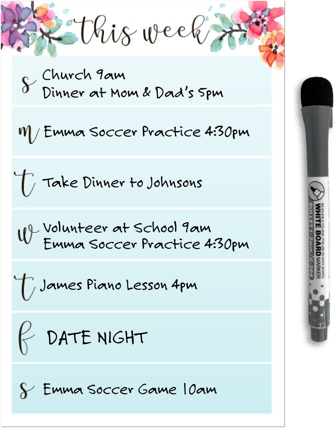 Dry Erase Weekly Calendar Planner Sticker Decal | Removable & Reusable | Magnetic Fine-Tip Marker Included (6 x 9 inches, White)