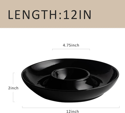 LEHAHA 12.25 inch porcelain Chip and Dip Serving Set, Ceramic Platters for Cheese, Appetizers &Chips Salsa, Fruit and Veggies, Divided Serving Trays for Family Gathering and Parties, Dark Creamy