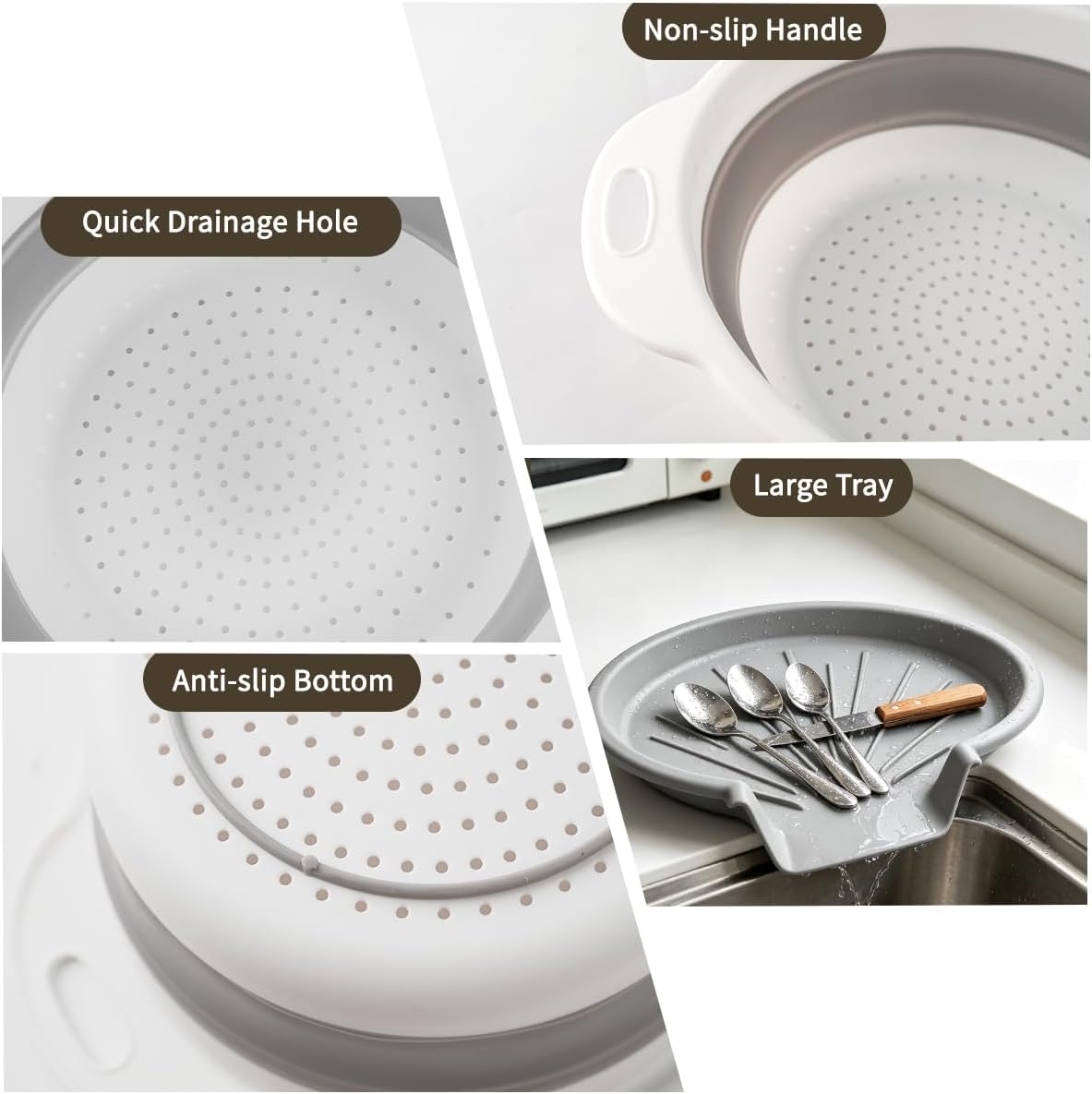 Collapsible Colanders Set of 4 - Food Strainers with Oversized Over Sink Draining Tray, Space Saving Foldable Kitchen Strainer Basket for Washing Vegetables, Fruit, Pasta & Rice, BPA-Free