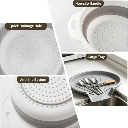 Collapsible Colanders Set of 4 - Food Strainers with Oversized Over Sink Draining Tray, Space Saving Foldable Kitchen Strainer Basket for Washing Vegetables, Fruit, Pasta & Rice, BPA-Free