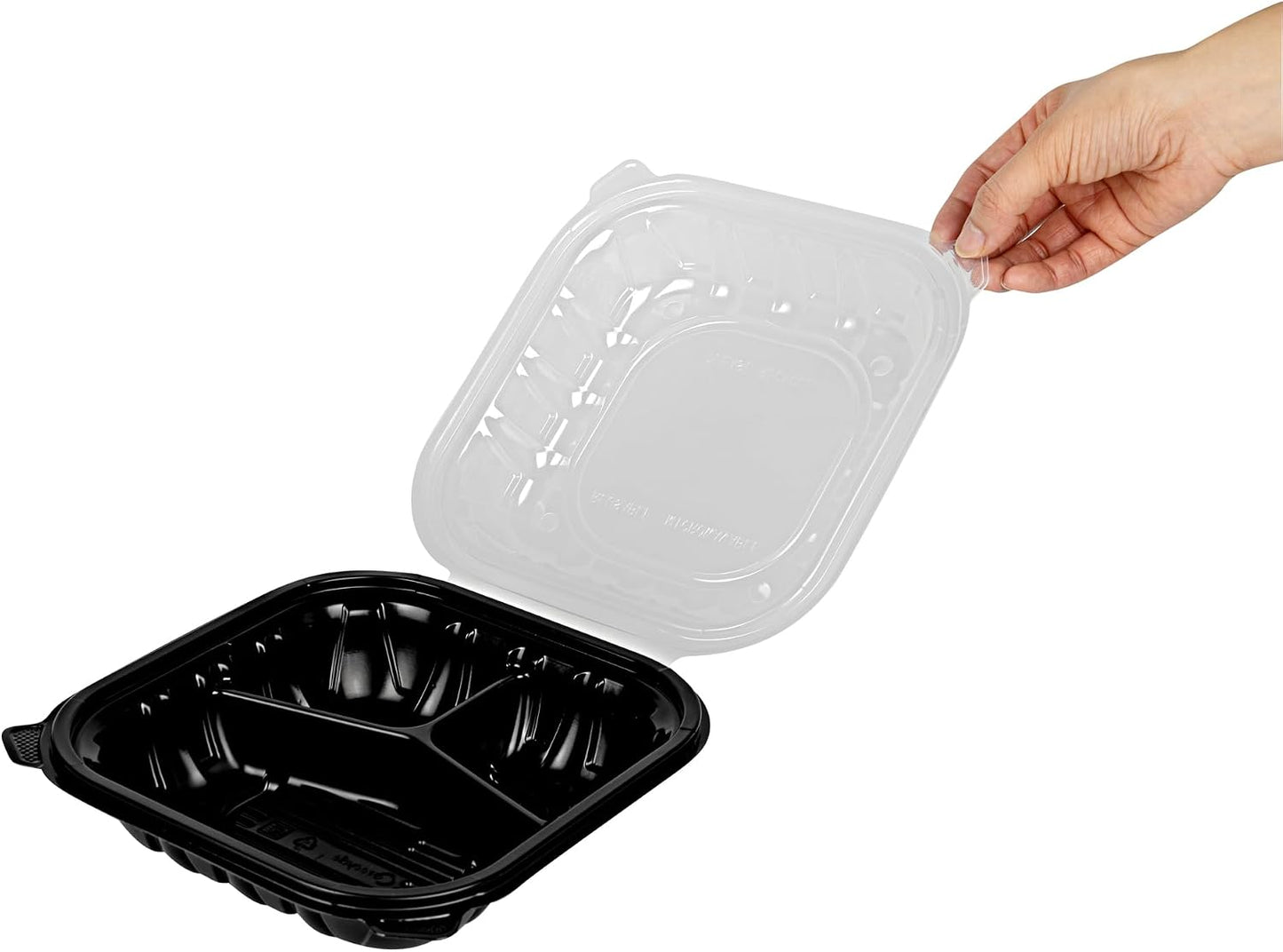 Thermo Tek 40 Ounce Clamshell Containers, 50 Disposable Take Out Boxes - 3 Compartments, Ventilated Lids, Black Plastic Meal Prep Containers, Microwavable, For Pasta Or Salads - Restaurantware