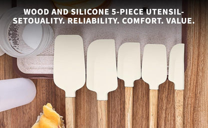 Ptanexx 5-Pcs Wooden Handle Silicone Spatula Set - Heat Resistant up to 428°F.Baking Spatulas for Batter Mixing, Cooking, Jar Scraping, Frosting & More | BPA FREE Gadgets for Non-Stick Cookware