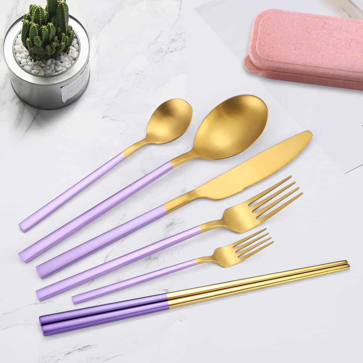 AARAINBOW 8 Pieces Stainless Steel Flatware Set Portable Reusable Cutlery Set Travel Utensils Set Including Chopsticks Knife Fork Spoon Straws Cleaning Brush Dishwasher Safe (Pink Golden)