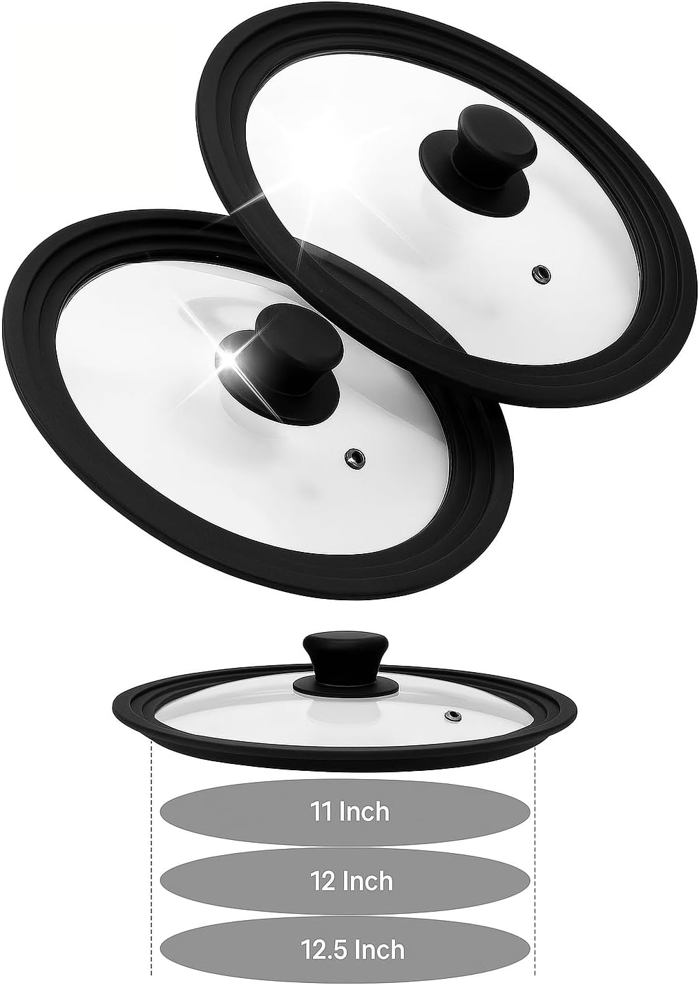 Universal Lids for Pots, Pans and Skillets - Tempered Glass with Vented Silicone Rim and Heat-Resistant Handle - Fits Multiple Cookware Sizes - Dishwasher & Microwave Safe (Single, 11",12",12.5")