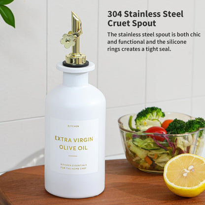 HOMCDALY Olive Oil Dispenser for Kitchen, 12oz Glass kitchen Dispenser Bottle, Gold Oil&Vinegar Cruet Set, Leakproof Oil Containers for Cooking| Set of 2 (12oz – Gold)