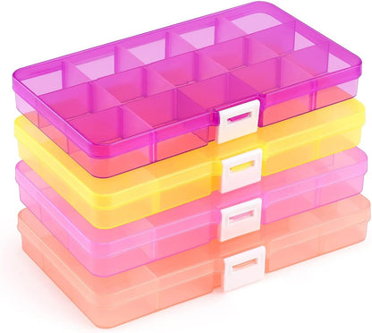 Opret 15 Grids Bead Organizer(4 Pack), Earring Organizer Box, SMALL Plastic Clear Organizing Containers with Adjustable Dividers for Crafts Jewelry Screws Small Items, Size 6.9×3.9×0.9in