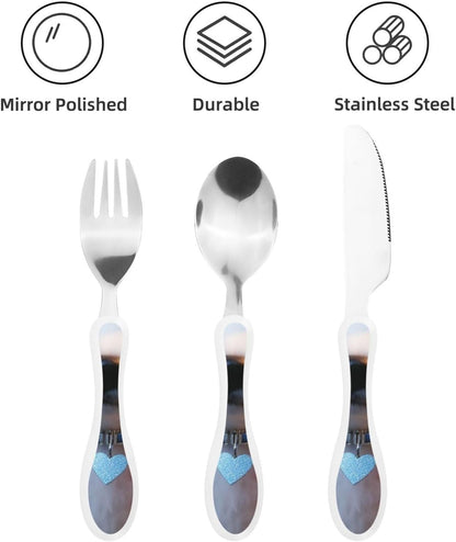 3-Piece Kids Silverware Set With Storage Case, Stainless Steel Reusable Children Safe Knife Spoon Fork Set Blue Lotus Floral Children Flatware Set For Kids Lunch Box