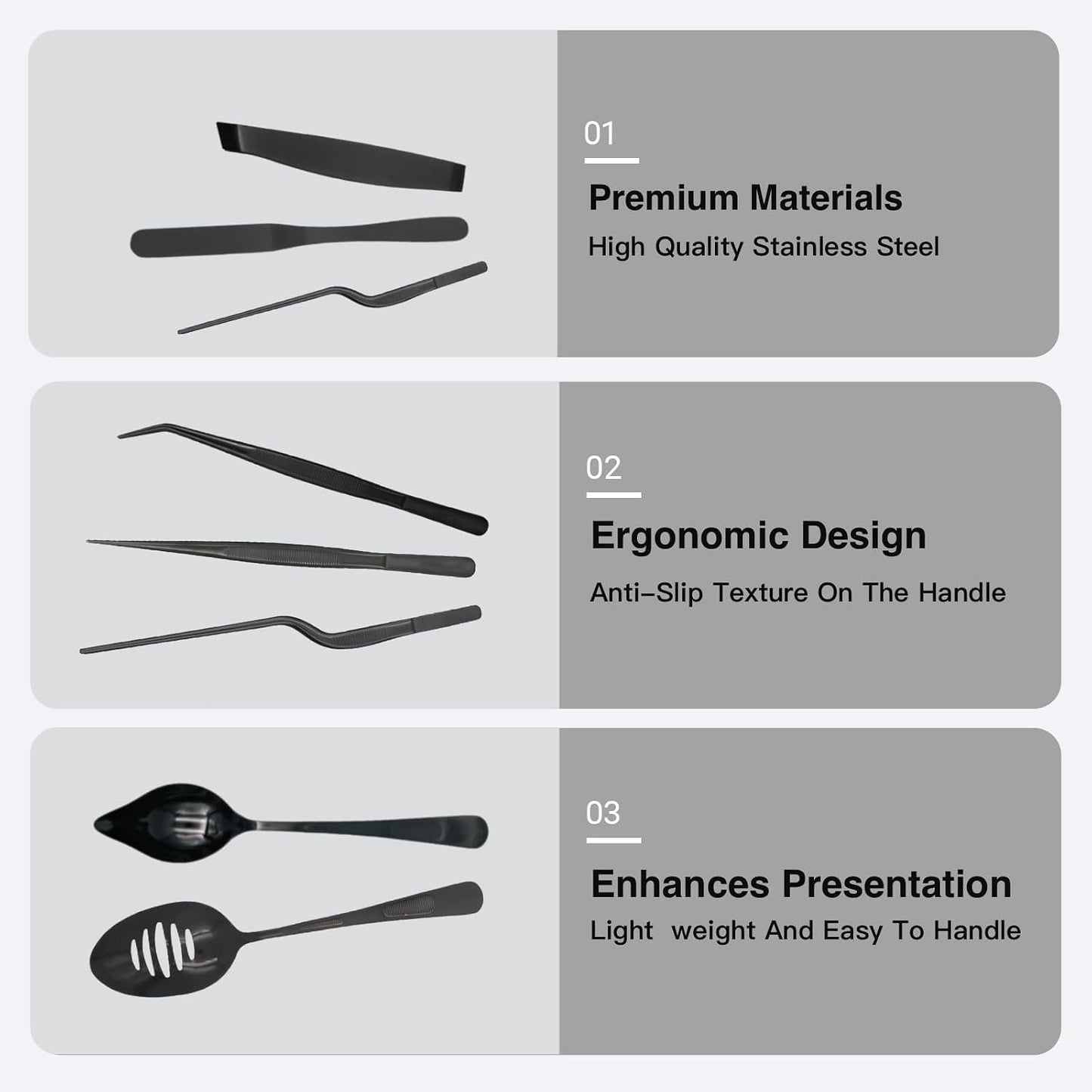 Professional Chef Tools | Plating Tools Culinary Set | Piece Culinary Tool Set | Premium Stainless Steel Chef's Plating Tool Set | Kitchen Tweezers & Fish tongs & Spatula & Slotted Spoon (Black) (5)