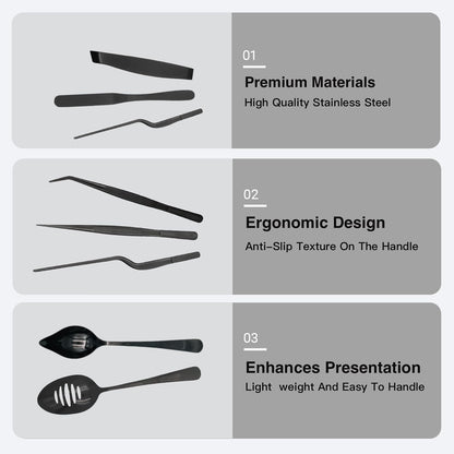 Professional Chef Tools | Plating Tools Culinary Set | Piece Culinary Tool Set | Premium Stainless Steel Chef's Plating Tool Set | Kitchen Tweezers & Fish tongs & Spatula & Slotted Spoon (Black) (5)