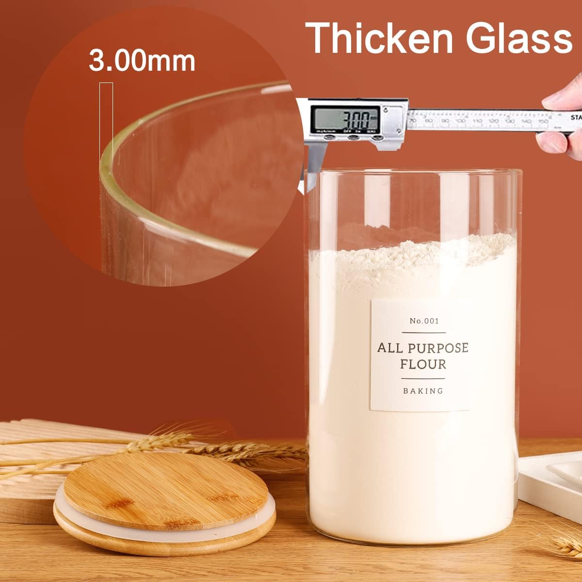 Large glass flour and sugar containers with 132 Kitchen Pantry Labels - 110 oz Glass Food Storage Containers with Airtight Lids - Square Glass Jars with Bamboo Lids for Rice, Pasta, Cookies, grain