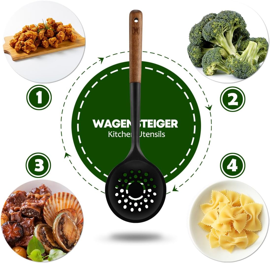 Cooking Ladle: Silicone Kitchen Utensil with Long Wooden Handles, Heat Resistant Cookware, Protects Surfaces with Gentle Head Design, Portion Batter, Professional Chef Wok Soup Ladle