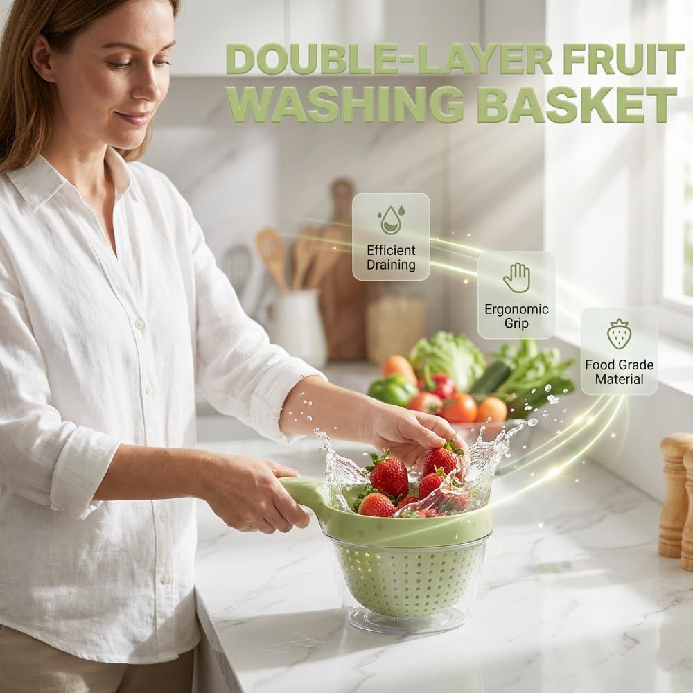 2-in-1 Detachable Fruit Washing Basket, Double-Layer Strainer Colander Bowl Set with Ergonomic Handle, BPA-Free Mess-Free Drain Bowl for Berries/Vegetables/Pasta, 7.48" Small Kitchen Colander (Green)