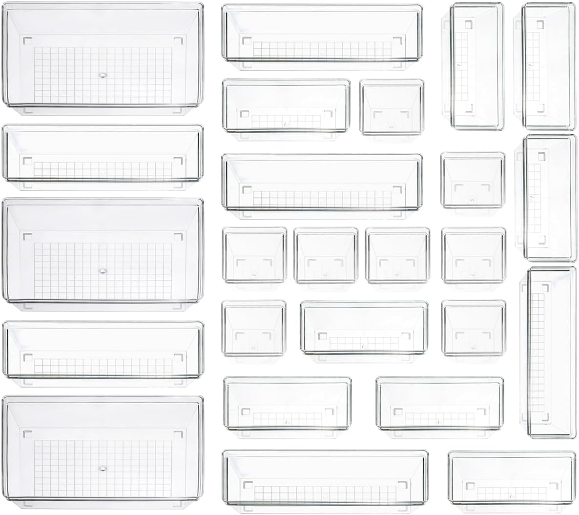 Clear Plastic Drawer Organizer Storage - 25Pcs 4 Size Desk Bathroom Kitchen Organizers and Accessories Office Organization, Vanity Stackable Drawers Bins Trays Containers Dividers Makeup Sets