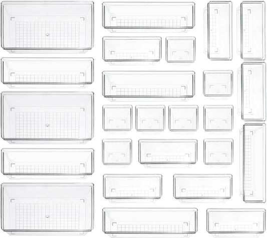 Clear Plastic Drawer Organizer Storage - 25Pcs 4 Size Desk Bathroom Kitchen Organizers and Accessories Office Organization, Vanity Stackable Drawers Bins Trays Containers Dividers Makeup Sets