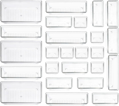 Clear Plastic Drawer Organizer Storage - 25Pcs 4 Size Desk Bathroom Kitchen Organizers and Accessories Office Organization, Vanity Stackable Drawers Bins Trays Containers Dividers Makeup Sets