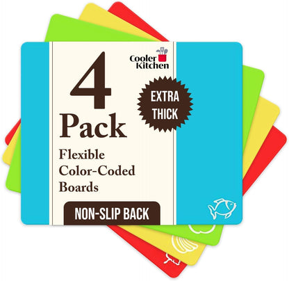 Extra Thick Flexible Plastic Cutting Board Mats, Set of 6 for Kitchen, BPA Free, Non-Slip Waffle Back, Dishwasher Safe Cutting Boards, Color Coded with Food Icons, 15x12 Inch - Cooler Kitchen