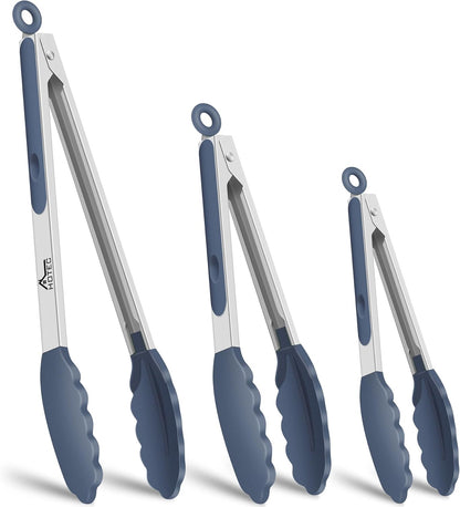 HOTEC Premium Stainless Steel Locking Kitchen Tongs with Silicon Tips, Set of 2-9" and 12"