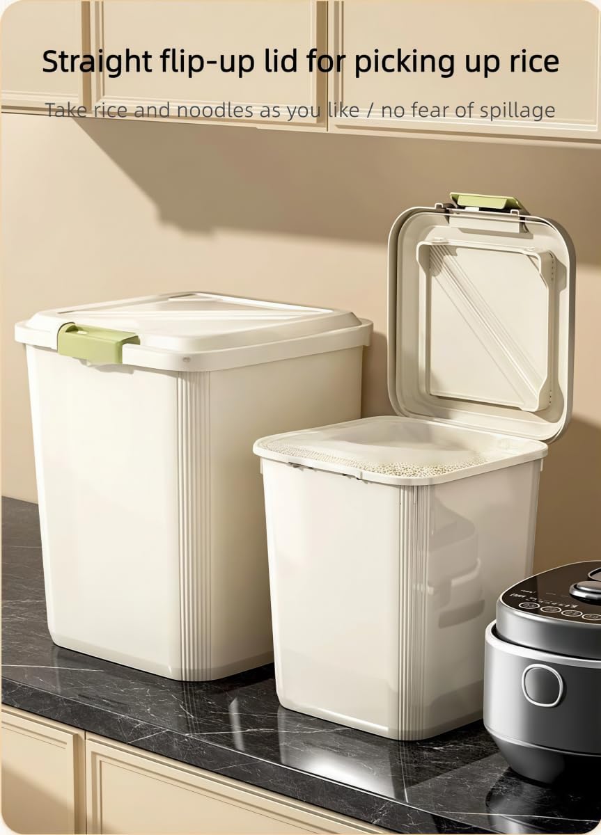 10KG Airtight Rice Storage Container with Measuring Cup, Food Grade Grain Storage Bin with Double Seal Buckle, Rice Box for Rice, Beans, Cereal and Pet Food, Kitchen Pantry Organizer (10KG with cup)