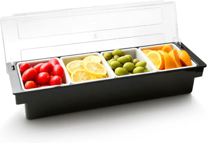 WICHEMI Fruit, Veggie & Condiment Caddy with Lid Dispenser Tray Plastic Garnish Station for Bartending & Serving Taco, Ice Cream, Salad Bar - Topping Organizer for Restaurant Supplies (3 Compartment)