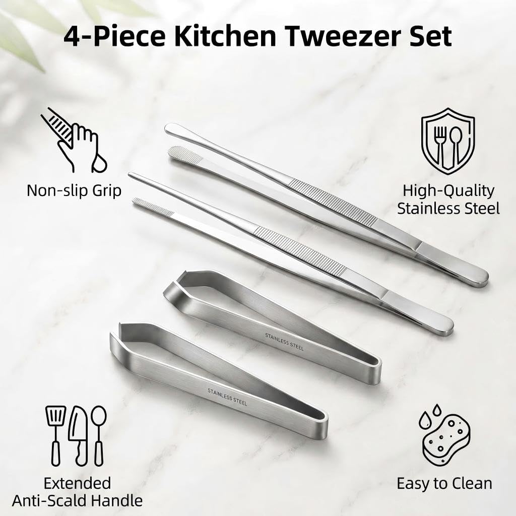 4-Piece Kitchen Tweezers, Long & Mini Precision Cooking Tongs
