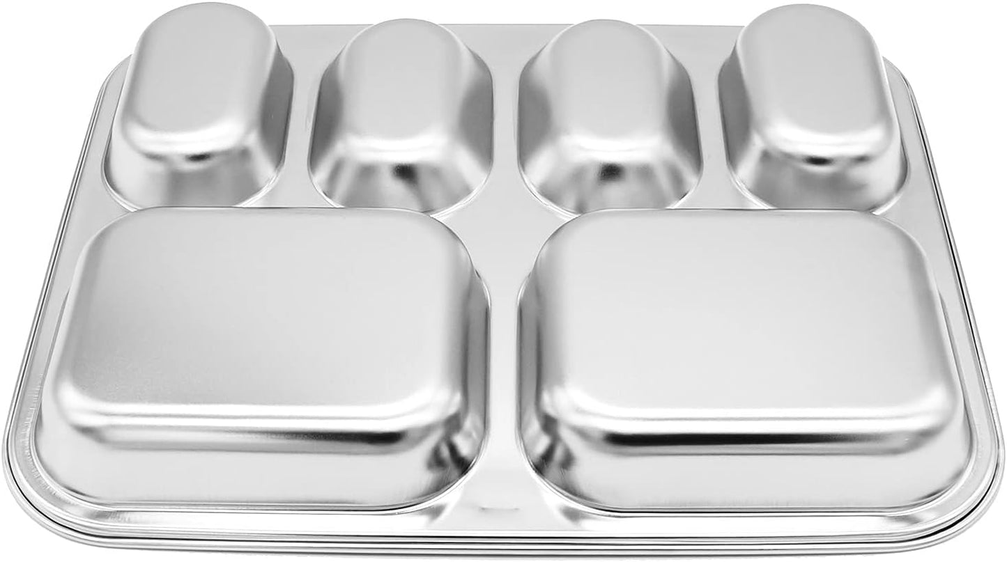 Korean Stainless Steel Divided Plates for Adults, Teens, Premium 304, Electro-Polished, No Black Residue, BPA-Free, Large 5-Compartment Food Tray, Diet Portion Control, Camping, Set of 2