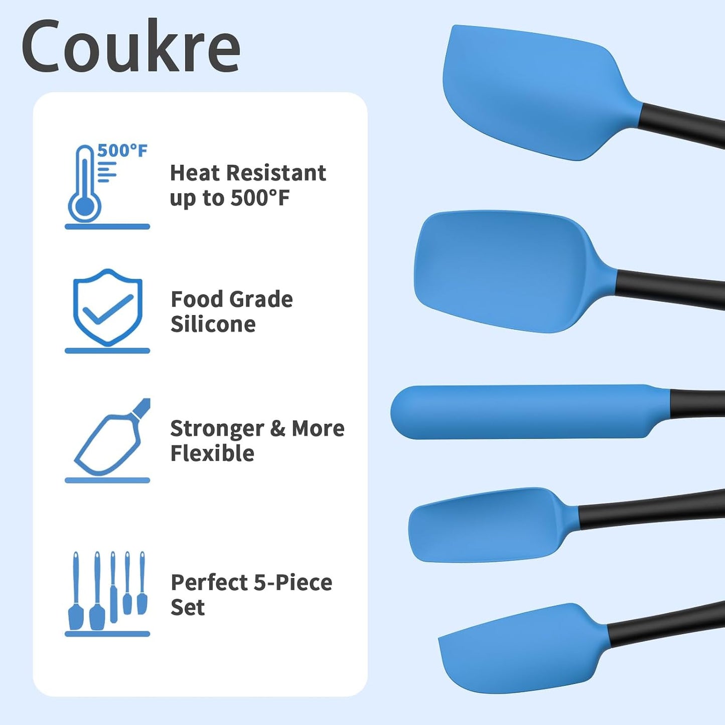 Coukre Silicone Spatula Set of 5,High Temperature Resistant, Food Grade Silicone, Dishwasher Safe, for Baking, Cooking (Aqua Green)