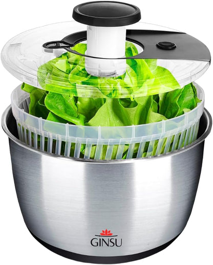GINSU Pump Salad Spinner with Stainless Steel Bowl 6L Large Capacity Manual Spinner, Durable BPA-Free Design for Fast Drying Lettuce, Vegetables & Fruits