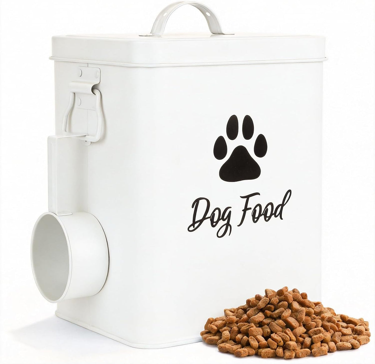 Dog Food Container 13lb, Cute Airtight Pet Food Storage Containers with Metal Lid Scoop, Black Metal Storage Bin for Dog/Cat with Wheels,Easy to Move