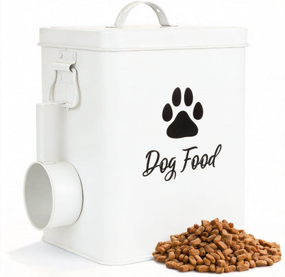 Dog Food Container 13lb, Cute Airtight Pet Food Storage Containers with Metal Lid Scoop, Black Metal Storage Bin for Dog/Cat with Wheels,Easy to Move