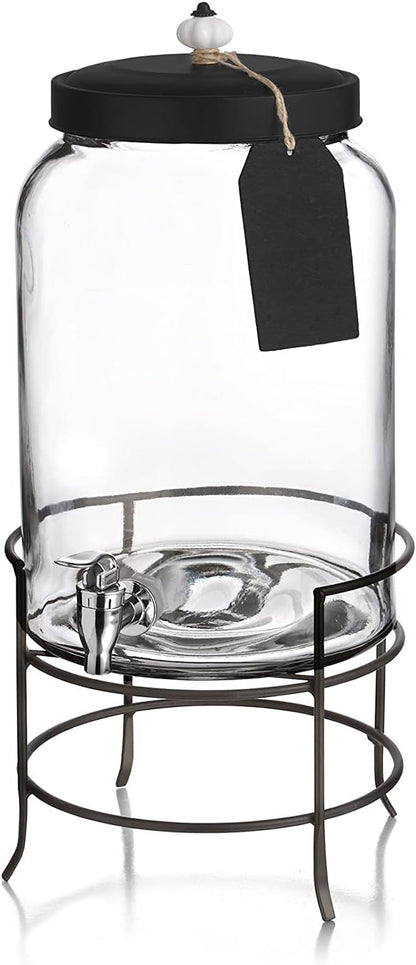 Style Setter Franklin 210235-GB 3 Gallon Glass Beverage Drink Dispensers with Metal Stand & Lid, Tag and Ceramic Knob, Clear, 20x11"