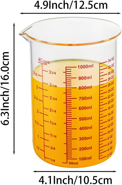 3 Piece Glass Measuring Cup Set, Includes 1/2-Cup, 1-Cup, and 2-Cup High Borosilicate Glasss Liquid Measuring Cups, Dishwasher, Freezer, Microwave, and Preheated Oven Safe, Essential Kitchen Tools