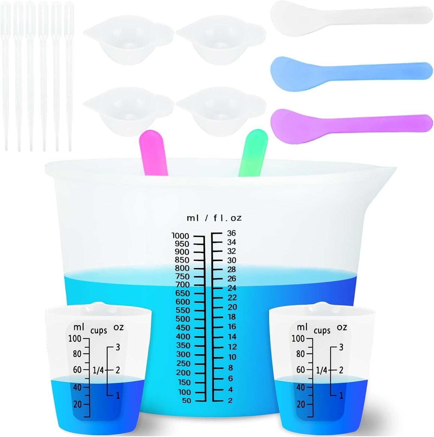 Creahaus Silicone Measuring Cups Tool Kit for Resin, Non-Stick 250 & 100ml Epoxy Mixing Cups, Reusable Resin Supplies with Silicone Mat, Stir Sticks, Pipettes, Cups for Molds, Jewelry Making