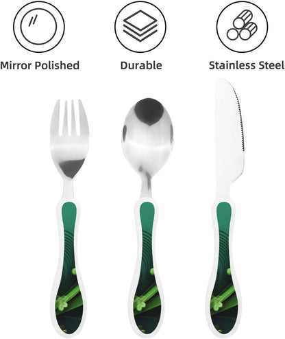 3-Piece Kids Silverware Set With Storage Case, Stainless Steel Reusable Children Safe Knife Spoon Fork Set Airplane Sunset Children Flatware Set For Kids Lunch Box