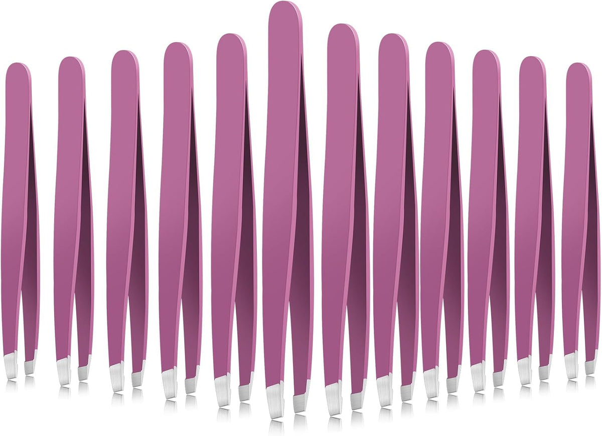 Mudder 12 Pcs Eyebrow Tweezers Set for Facial Hair Stainless Steel Slanted Tip Tweezers in Bulk for Men and Women(Silver)